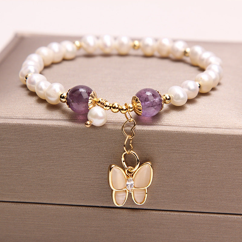 Bracelet en perles d’eau douce, quartz fraise et opale – Papillon délicat