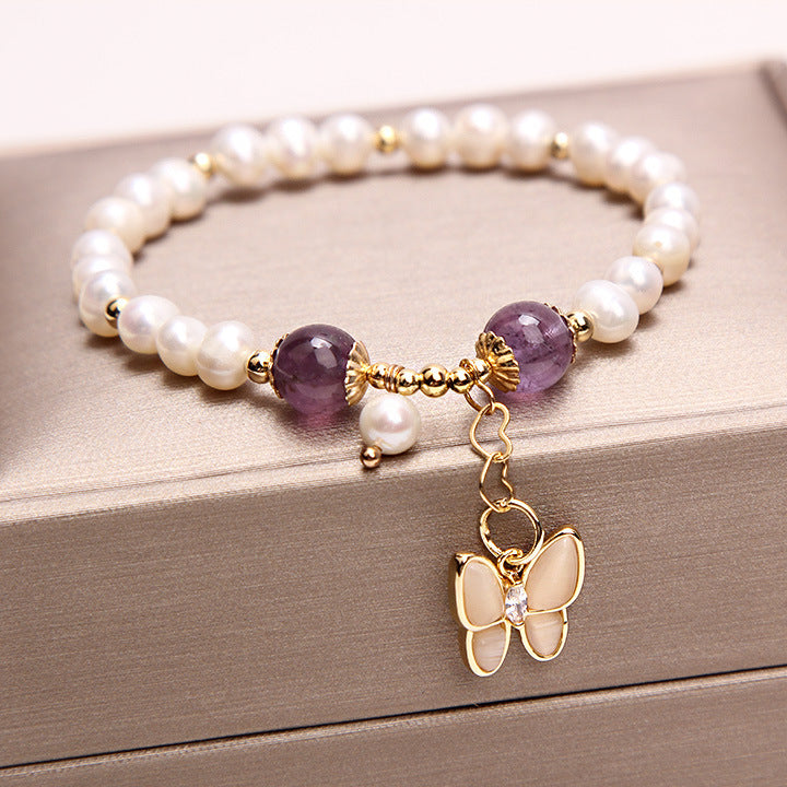 Bracelet en perles d’eau douce, quartz fraise et opale – Papillon délicat