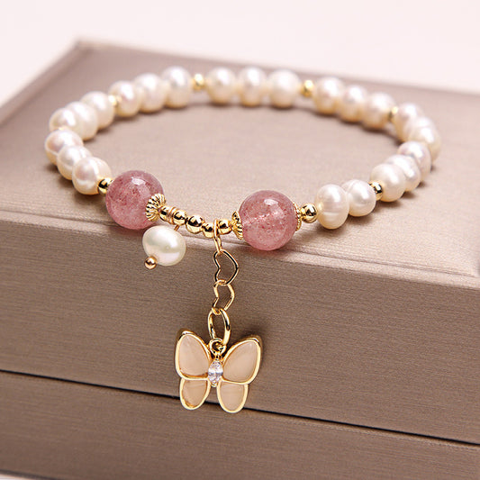 Bracelet en perles d’eau douce, quartz fraise et opale – Papillon délicat