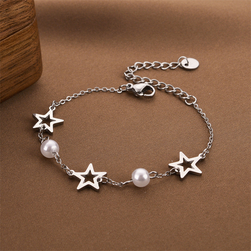Bracelet féminin en acier titanium et perles de zircon – Design unique
