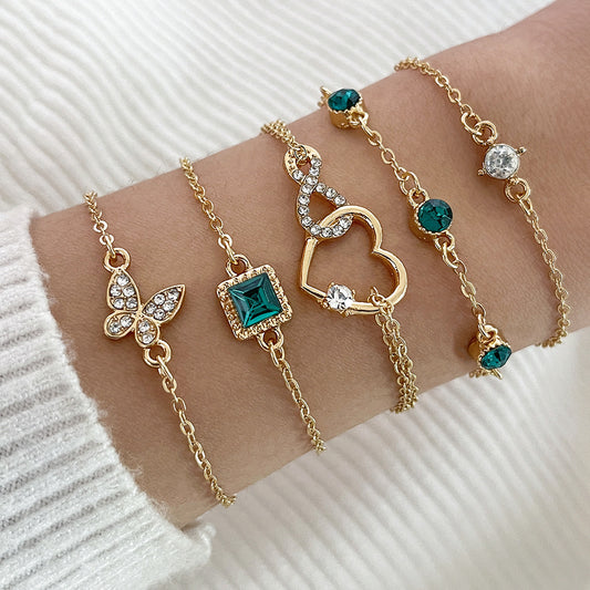 Lot de 5 bracelets bohèmes en cristal vert – Finition plaqué or